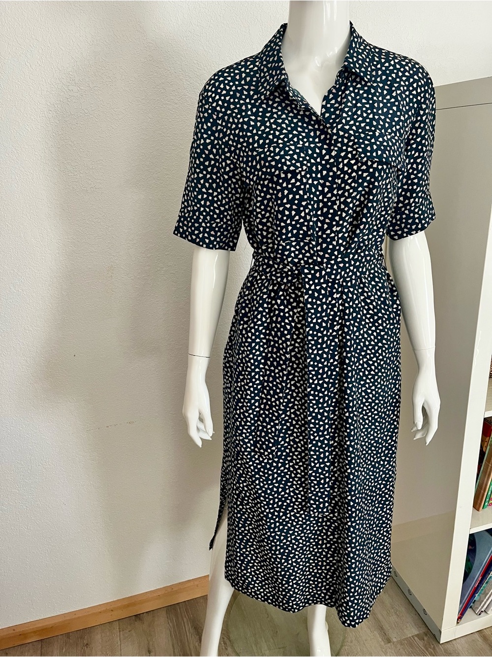 Lafayette 148 NY 100% Silk Geometric Midi Shirt Dress with Pockets - S